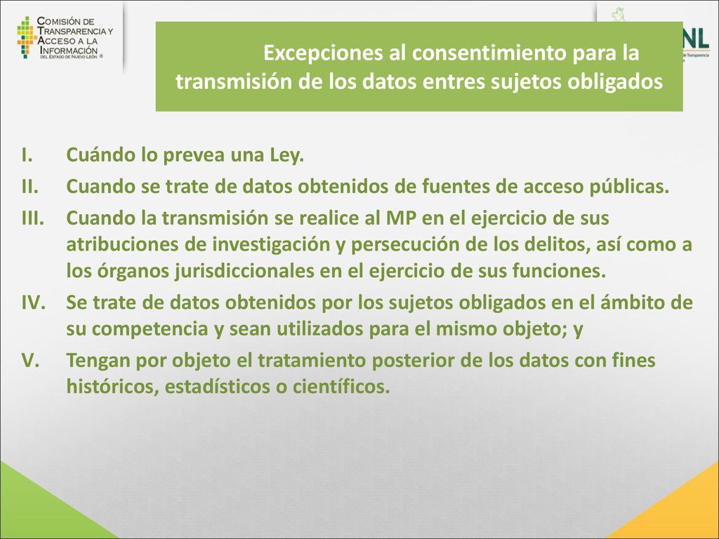 Excepciones al consentimiento para la transmisión de los datos entres sujetos obligados