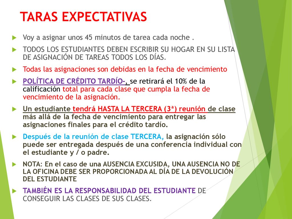 TARAS EXPECTATIVAS Voy a asignar unos 45 minutos de tarea cada noche .