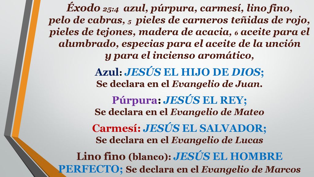 Azul: JESÚS EL HIJO DE DIOS; Se declara en el Evangelio de Juan.