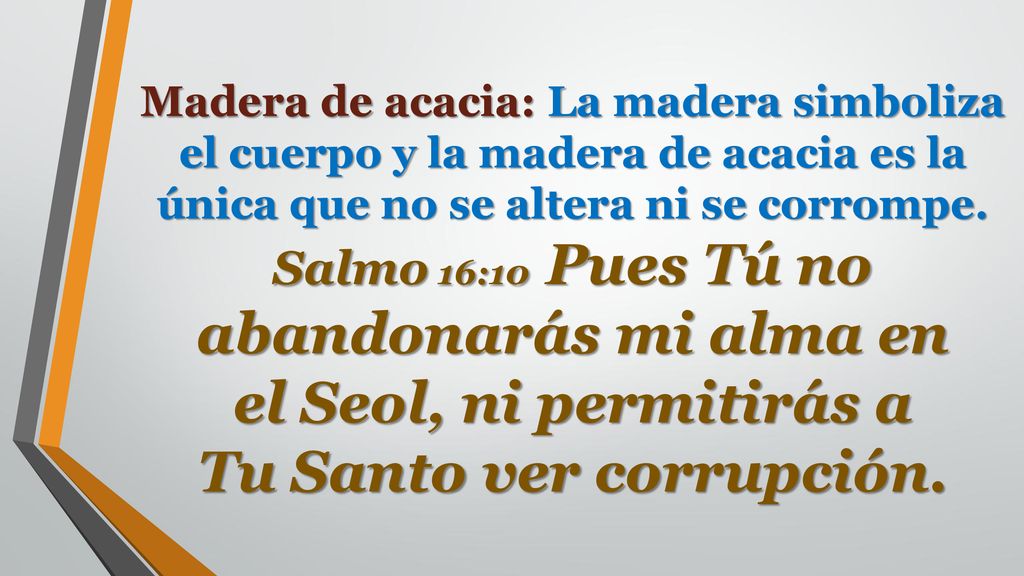 Madera de acacia: La madera simboliza el cuerpo y la madera de acacia es la única que no se altera ni se corrompe.