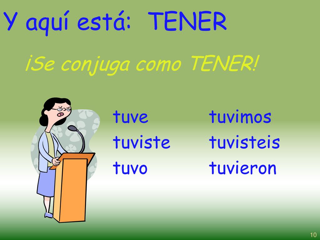 Y aquí está: TENER ¡Se conjuga como TENER! tuve tuviste tuvo tuvimos