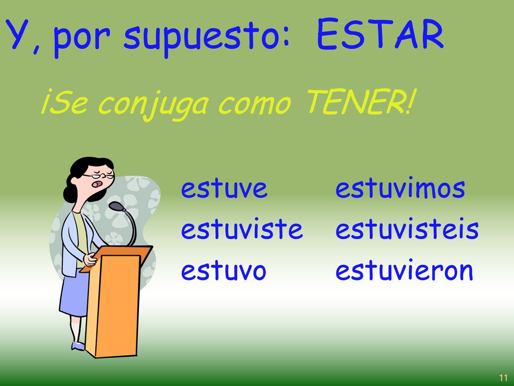 Y, por supuesto: ESTAR ¡Se conjuga como TENER! estuve estuviste estuvo