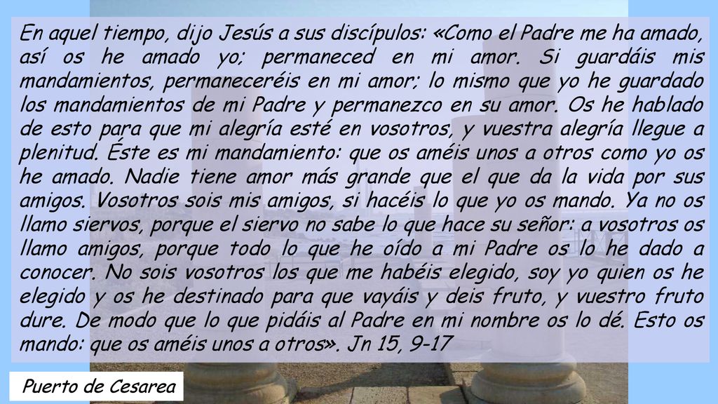 En aquel tiempo, dijo Jesús a sus discípulos: «Como el Padre me ha amado, así os he amado yo; permaneced en mi amor. Si guardáis mis mandamientos, permaneceréis en mi amor; lo mismo que yo he guardado los mandamientos de mi Padre y permanezco en su amor. Os he hablado de esto para que mi alegría esté en vosotros, y vuestra alegría llegue a plenitud. Éste es mi mandamiento: que os améis unos a otros como yo os he amado. Nadie tiene amor más grande que el que da la vida por sus amigos. Vosotros sois mis amigos, si hacéis lo que yo os mando. Ya no os llamo siervos, porque el siervo no sabe lo que hace su señor: a vosotros os llamo amigos, porque todo lo que he oído a mi Padre os lo he dado a conocer. No sois vosotros los que me habéis elegido, soy yo quien os he elegido y os he destinado para que vayáis y deis fruto, y vuestro fruto dure. De modo que lo que pidáis al Padre en mi nombre os lo dé. Esto os mando: que os améis unos a otros». Jn 15, 9-17