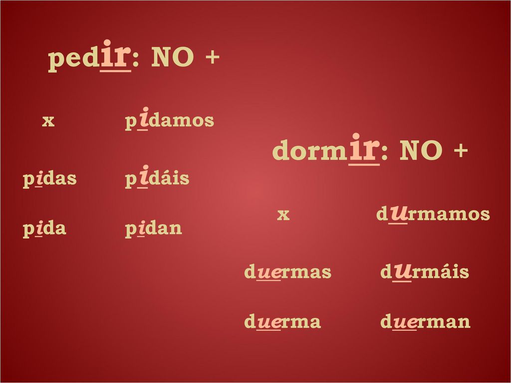 pedir: NO + dormir: NO + x pidamos pidas pidáis pida pidan x durmamos