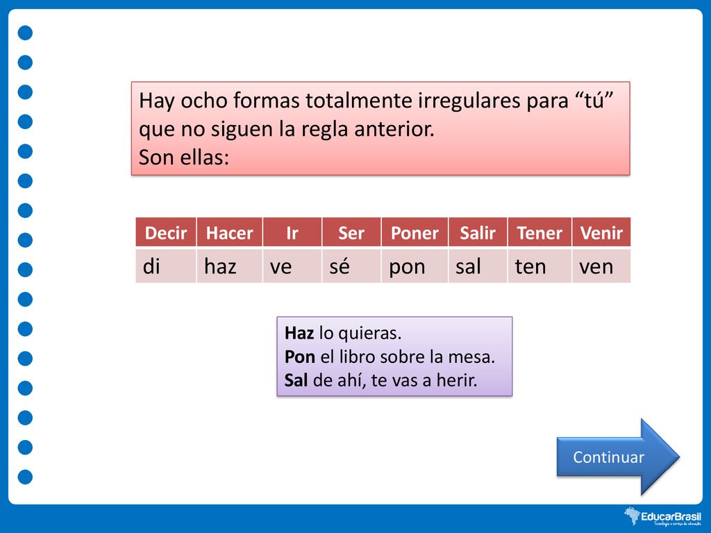 Hay ocho formas totalmente irregulares para tú que no siguen la regla anterior.