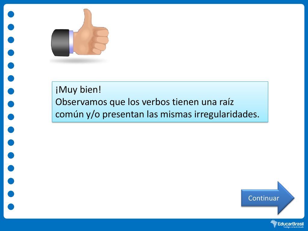 ¡Muy bien! Observamos que los verbos tienen una raíz común y/o presentan las mismas irregularidades.