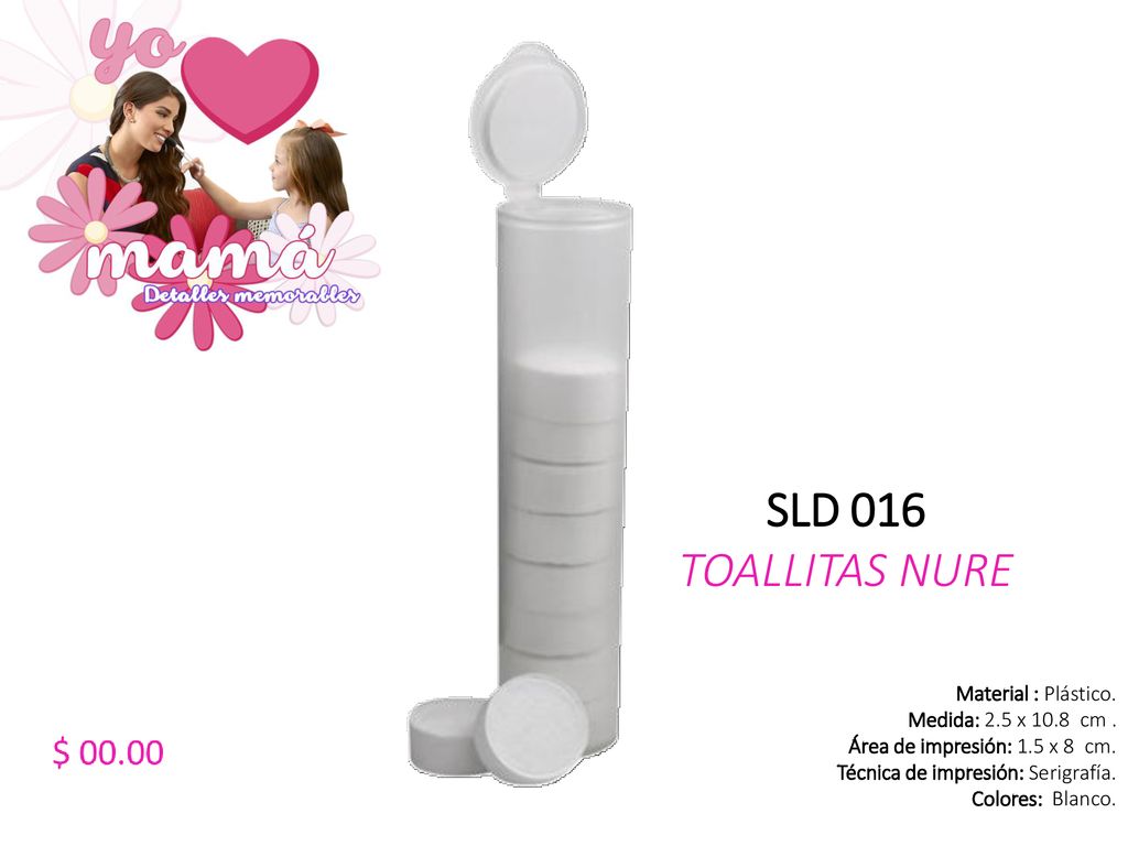 SLD 016 TOALLITAS NURE Material : Plástico. Medida: 2.5 x 10.8 cm .