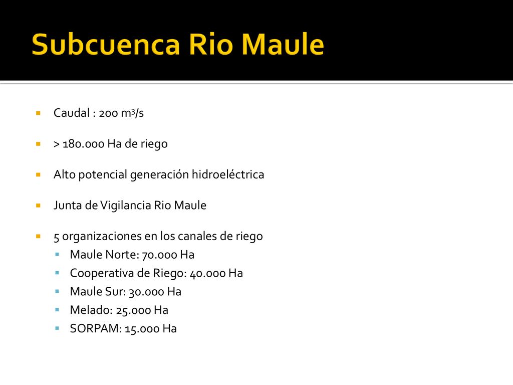 Subcuenca Rio Maule Caudal : 200 m3/s > Ha de riego