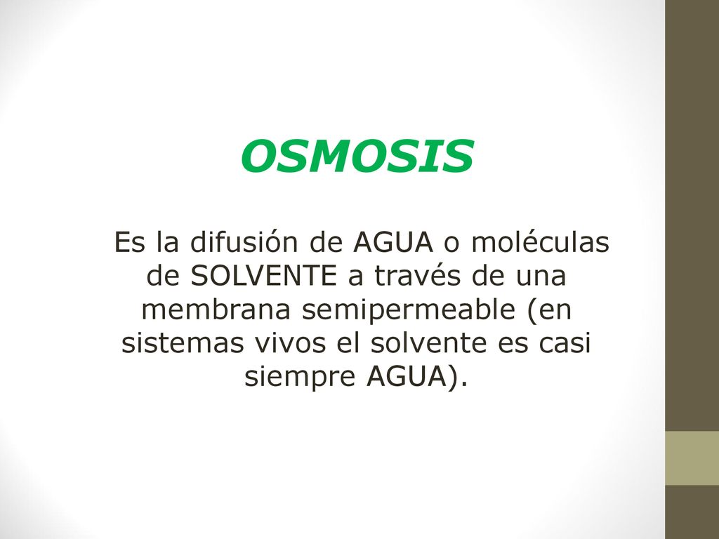 OSMOSIS Es la difusión de AGUA o moléculas de SOLVENTE a través de una membrana semipermeable (en sistemas vivos el solvente es casi siempre AGUA).