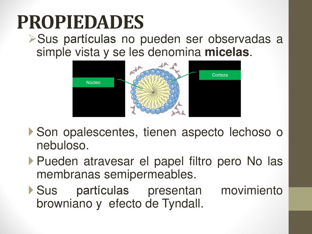 PROPIEDADES Sus partículas no pueden ser observadas a simple vista y se les denomina micelas. Son opalescentes, tienen aspecto lechoso o nebuloso.