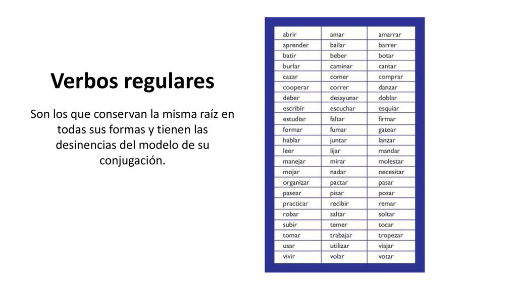Verbos regulares Son los que conservan la misma raíz en todas sus formas y tienen las desinencias del modelo de su conjugación.