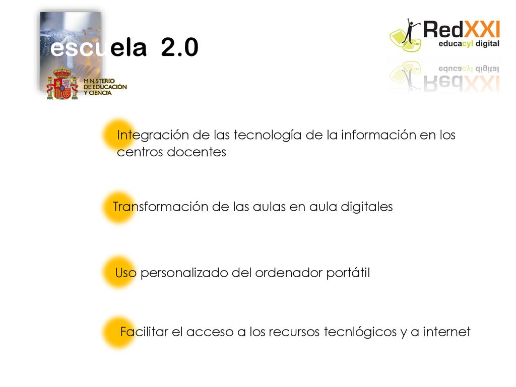 escuela 2.0 Integración de las tecnología de la información en los centros docentes. Transformación de las aulas en aula digitales.