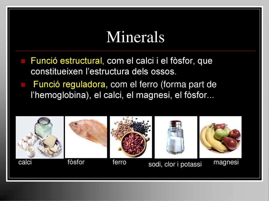 Minerals Funció estructural, com el calci i el fòsfor, que constitueixen l’estructura dels ossos.