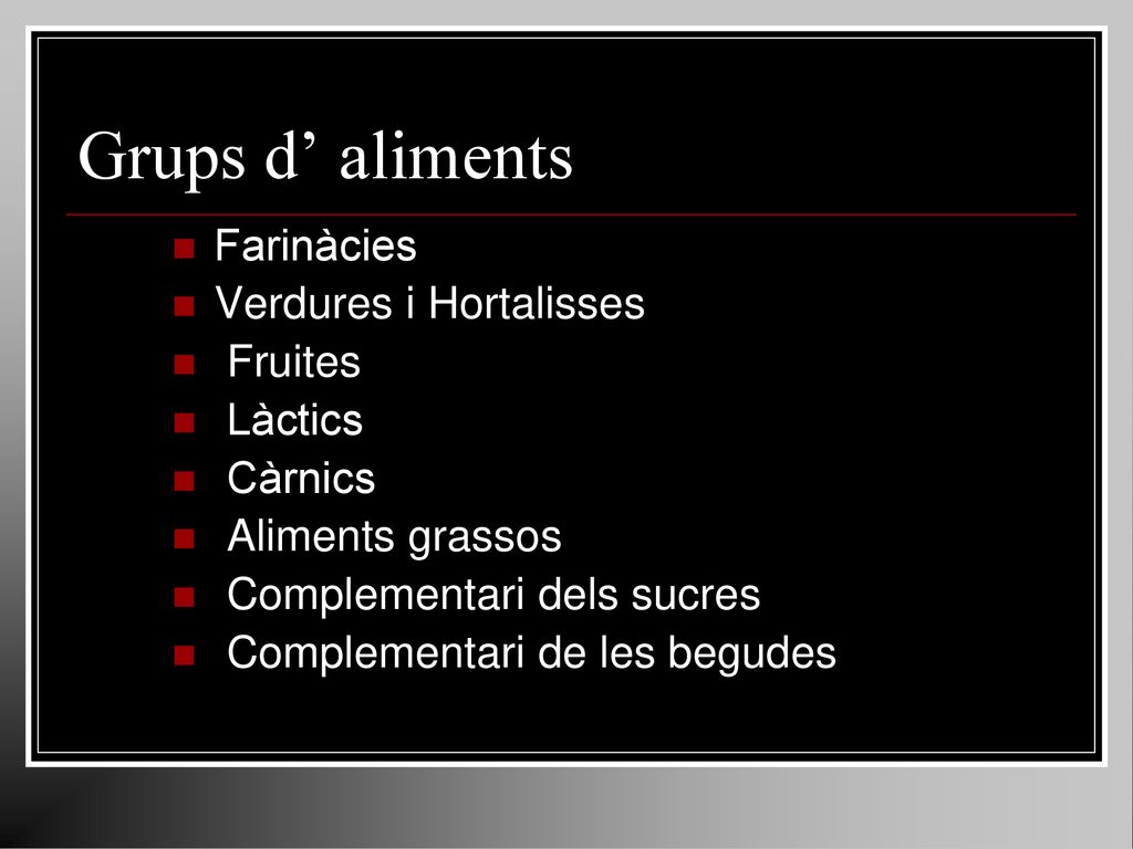 Grups d’ aliments Farinàcies Verdures i Hortalisses Fruites Làctics