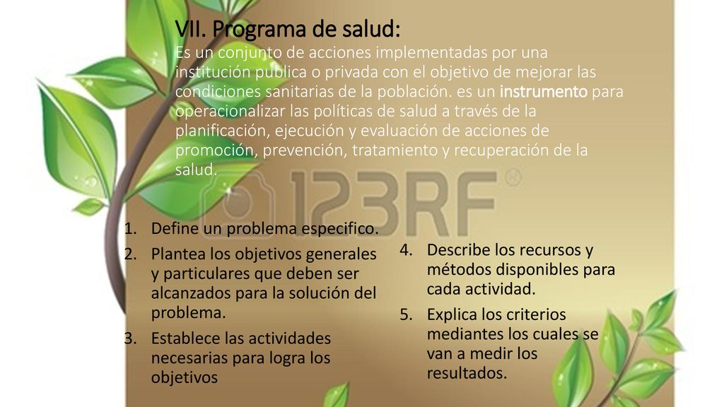 VII. Programa de salud: Es un conjunto de acciones implementadas por una institución publica o privada con el objetivo de mejorar las condiciones sanitarias de la población. es un instrumento para operacionalizar las políticas de salud a través de la planificación, ejecución y evaluación de acciones de promoción, prevención, tratamiento y recuperación de la salud.