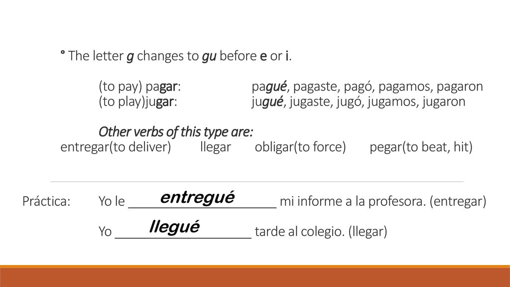 ° The letter g changes to gu before e or i. (to pay) pagar: