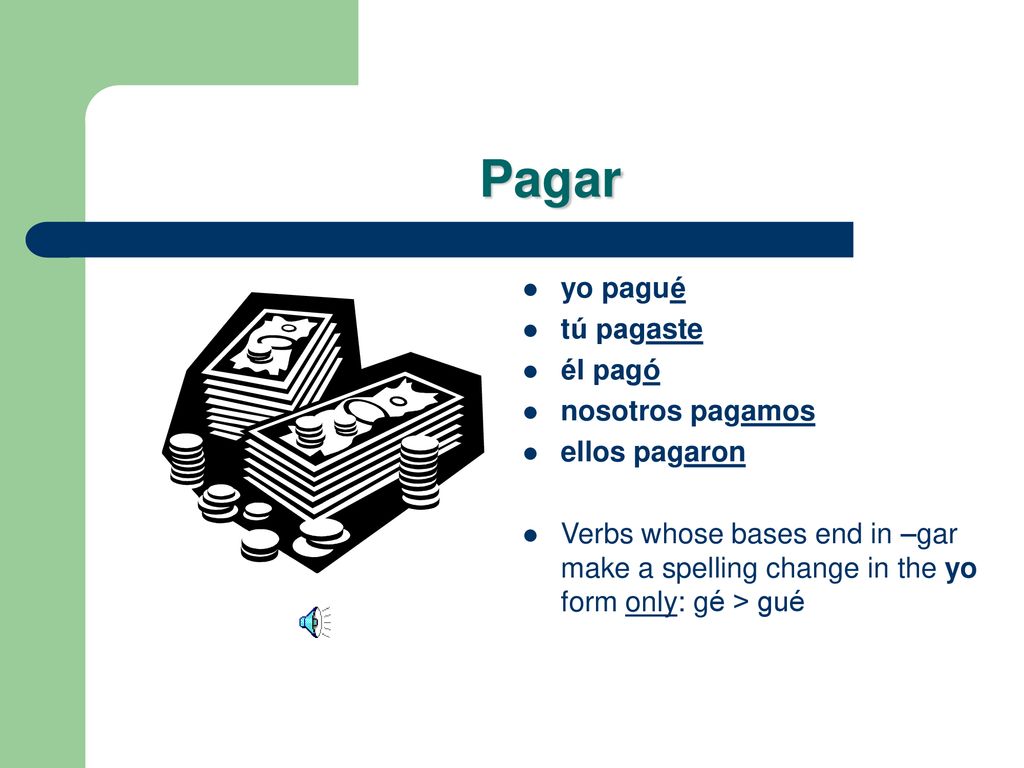 Pagar yo pagué tú pagaste él pagó nosotros pagamos ellos pagaron