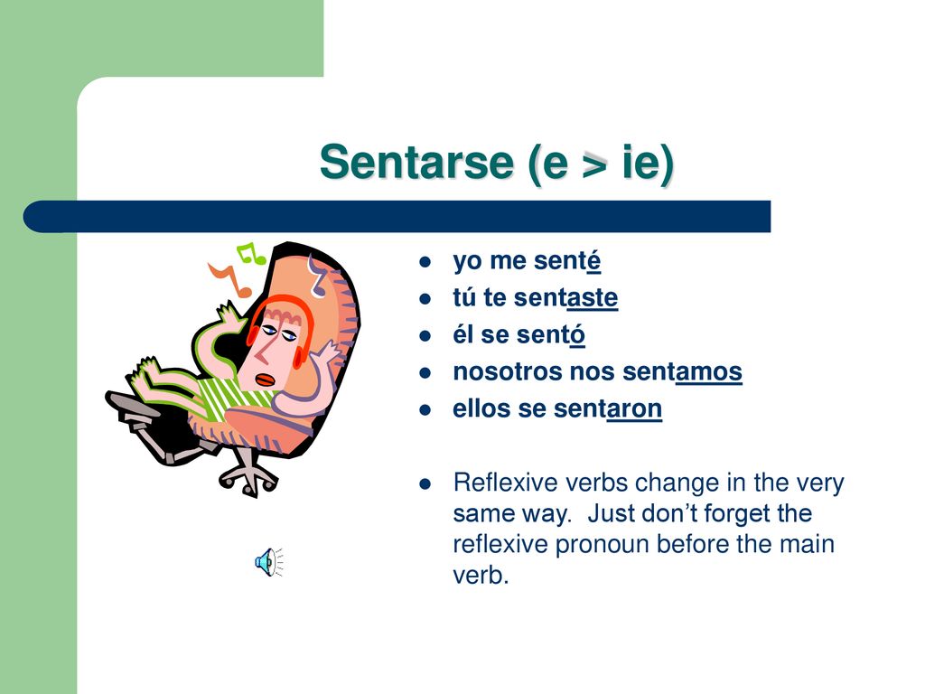 Sentarse (e > ie) yo me senté tú te sentaste él se sentó