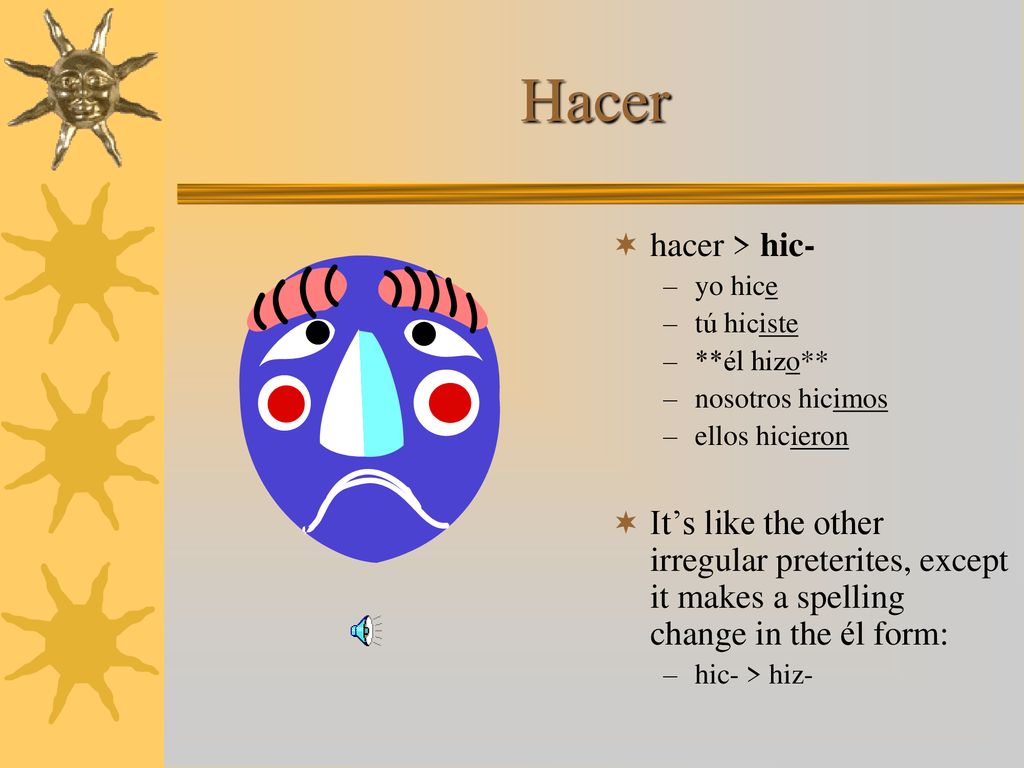 Hacer hacer > hic- yo hice. tú hiciste. **él hizo** nosotros hicimos. ellos hicieron.