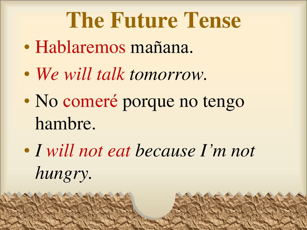 The Future Tense Hablaremos mañana. We will talk tomorrow.