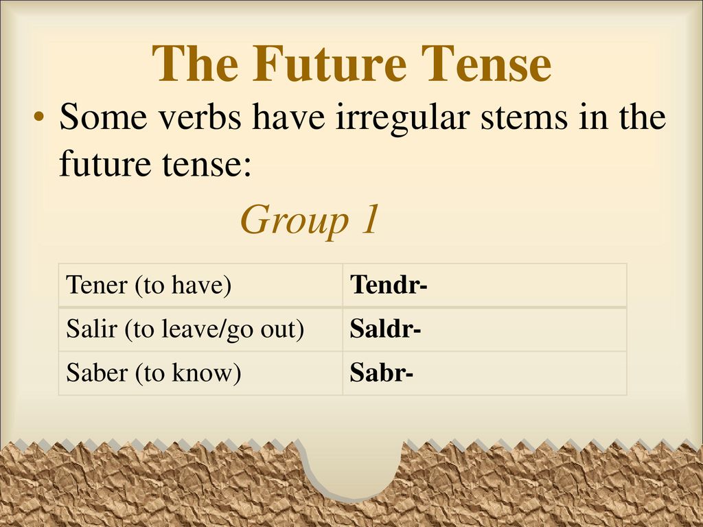 The Future Tense Some verbs have irregular stems in the future tense: Group 1. Tener (to have) Tendr-
