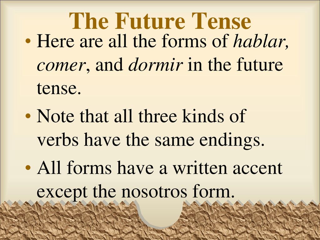 The Future Tense Here are all the forms of hablar, comer, and dormir in the future tense. Note that all three kinds of verbs have the same endings.