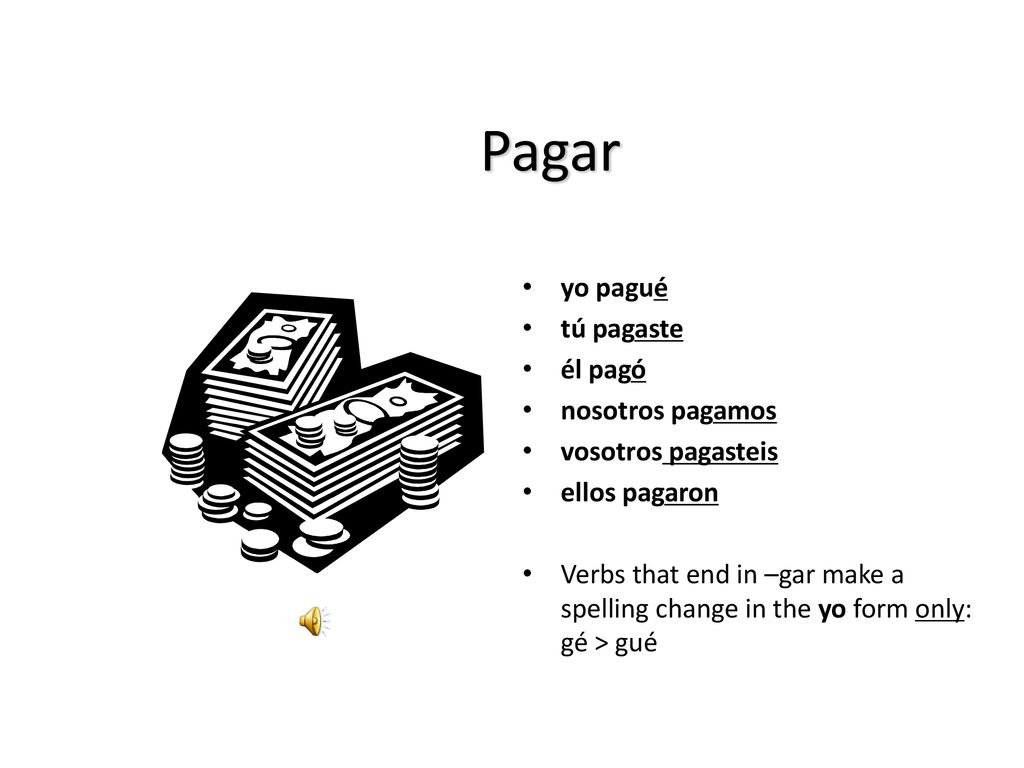 Pagar yo pagué tú pagaste él pagó nosotros pagamos vosotros pagasteis
