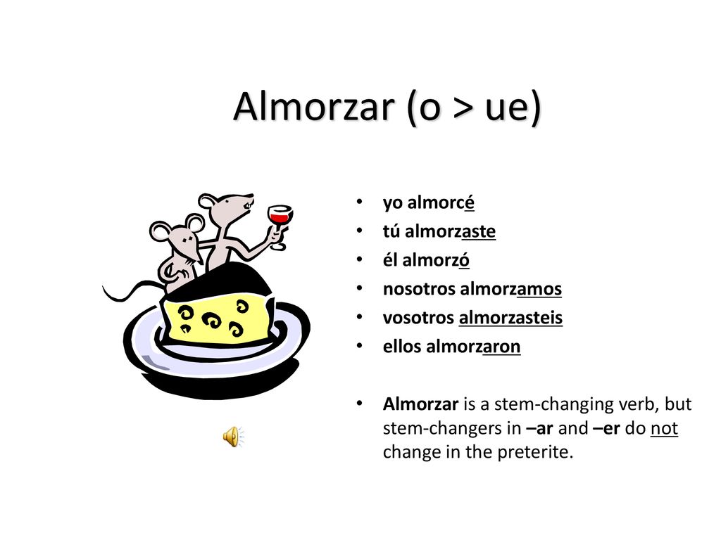 Almorzar (o > ue) yo almorcé tú almorzaste él almorzó