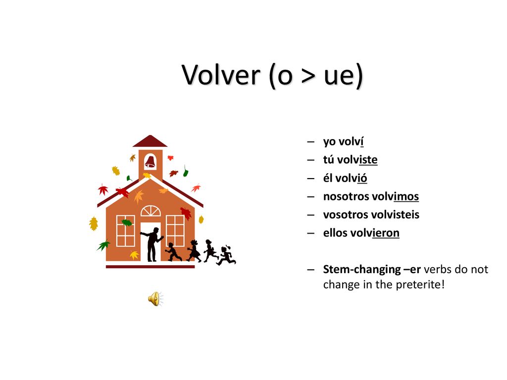 Volver (o > ue) yo volví tú volviste él volvió nosotros volvimos
