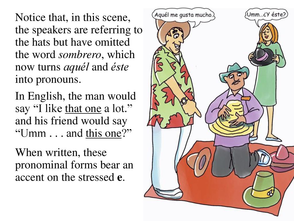 Notice that, in this scene, the speakers are referring to the hats but have omitted the word sombrero, which now turns aquél and éste into pronouns.