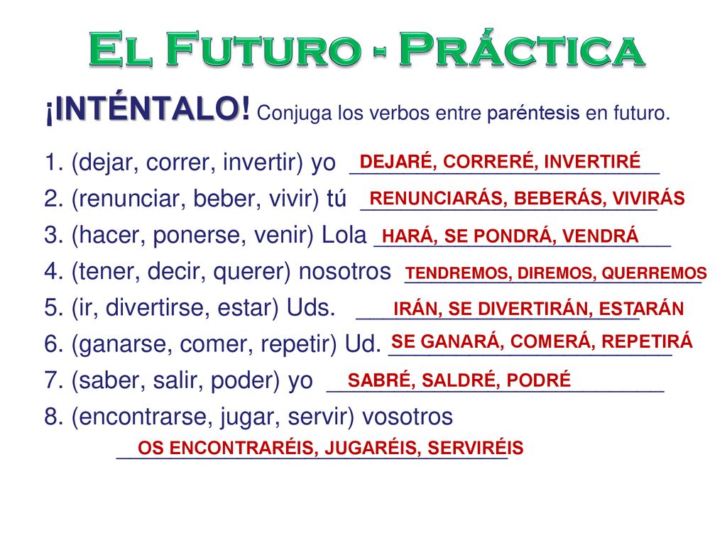 El Futuro - Práctica ¡INTÉNTALO! Conjuga los verbos entre paréntesis en futuro. 1. (dejar, correr, invertir) yo _______________________.