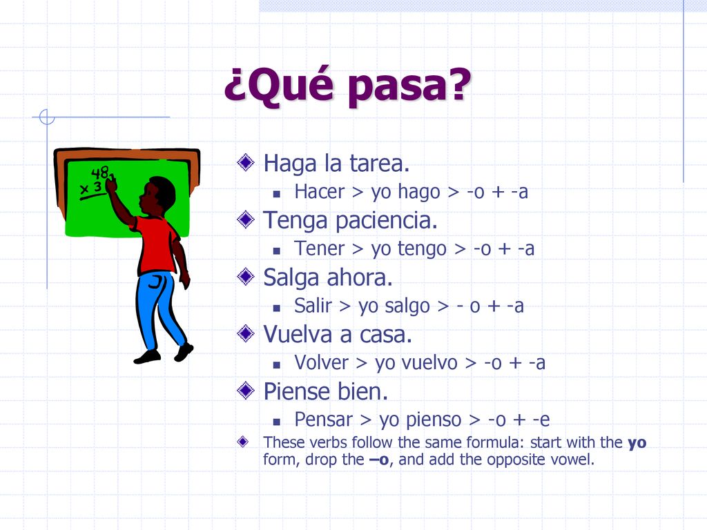 ¿Qué pasa Haga la tarea. Tenga paciencia. Salga ahora. Vuelva a casa.