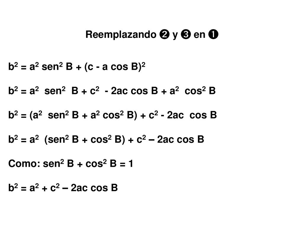 Reemplazando ➋ y ➌ en ➊ b2 = a2 sen2 B + (c - a cos B)2. b2 = a2 sen2 B + c2 - 2ac cos B + a2 cos2 B.