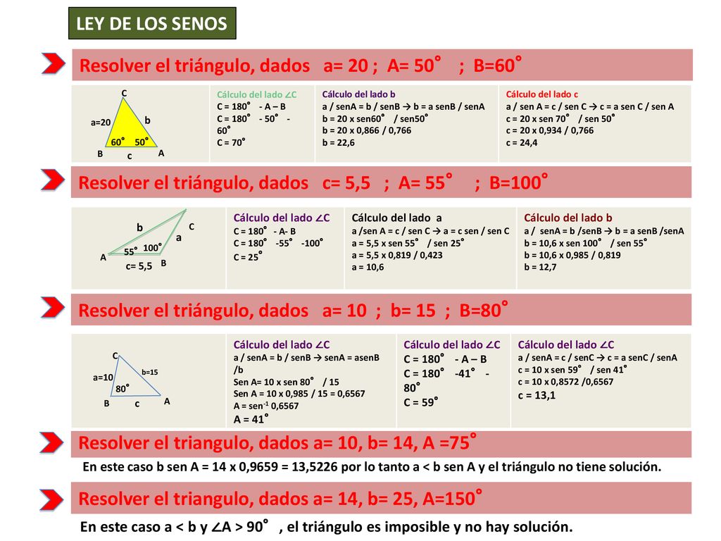 Resolver el triángulo, dados a= 20 ; A= 50° ; B=60°