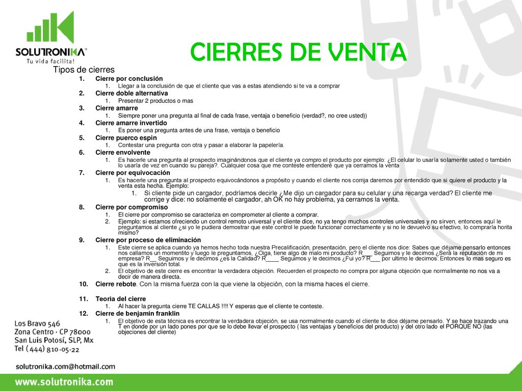CIERRES DE VENTA Tipos de cierres Cierre por conclusión