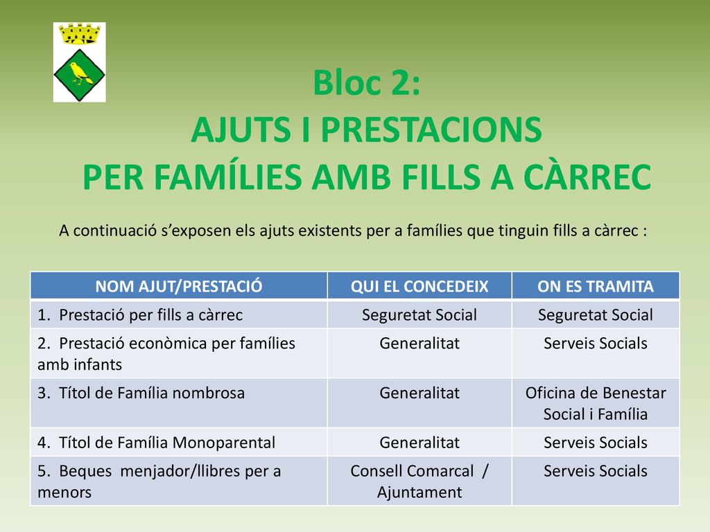 Bloc 2: AJUTS I PRESTACIONS PER FAMÍLIES AMB FILLS A CÀRREC