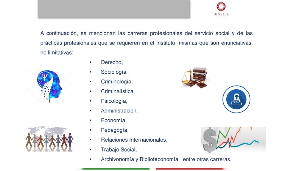 A continuación, se mencionan las carreras profesionales del servicio social y de las prácticas profesionales que se requieren en el Instituto, mismas que son enunciativas, no limitativas: