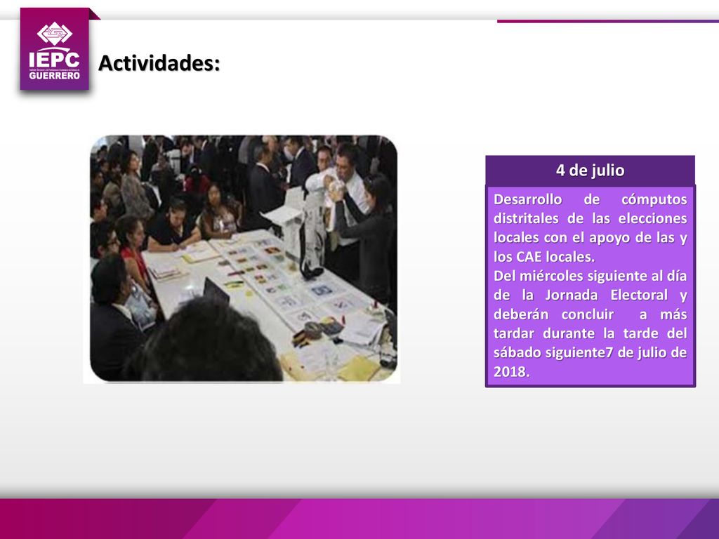 Actividades: Desarrollo de cómputos distritales de las elecciones locales con el apoyo de las y los CAE locales.