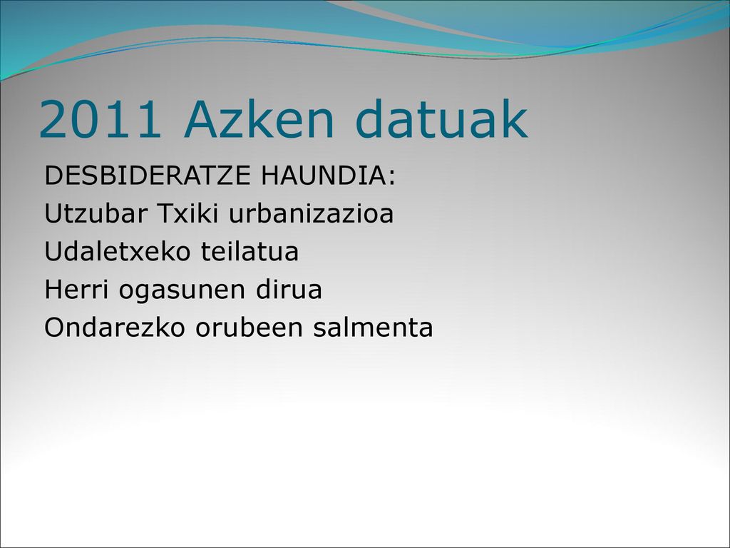 2011 Azken datuak DESBIDERATZE HAUNDIA: Utzubar Txiki urbanizazioa Udaletxeko teilatua Herri ogasunen dirua Ondarezko orubeen salmenta