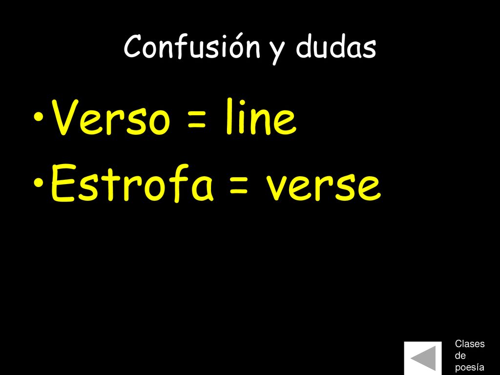Confusión y dudas Verso = line Estrofa = verse Clases de poesía