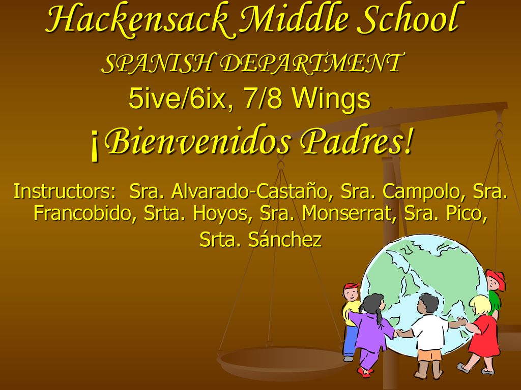 Hackensack Middle School SPANISH DEPARTMENT 5ive/6ix, 7/8 Wings ¡Bienvenidos Padres!