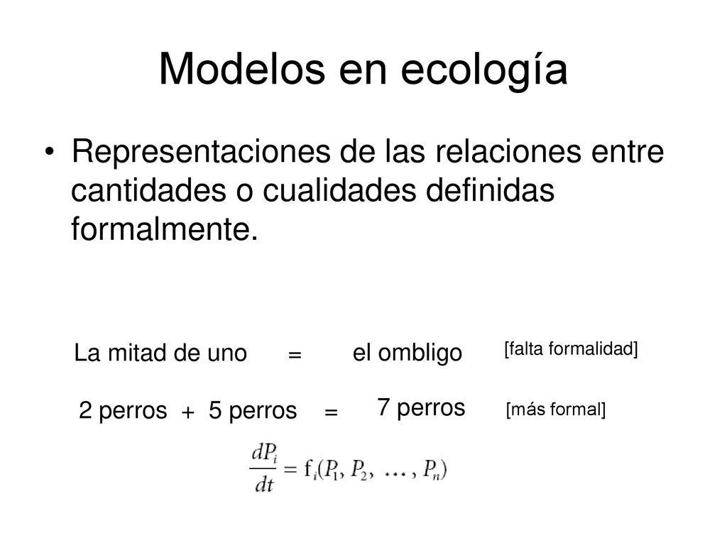 Modelos en ecología Representaciones de las relaciones entre cantidades o cualidades definidas formalmente.