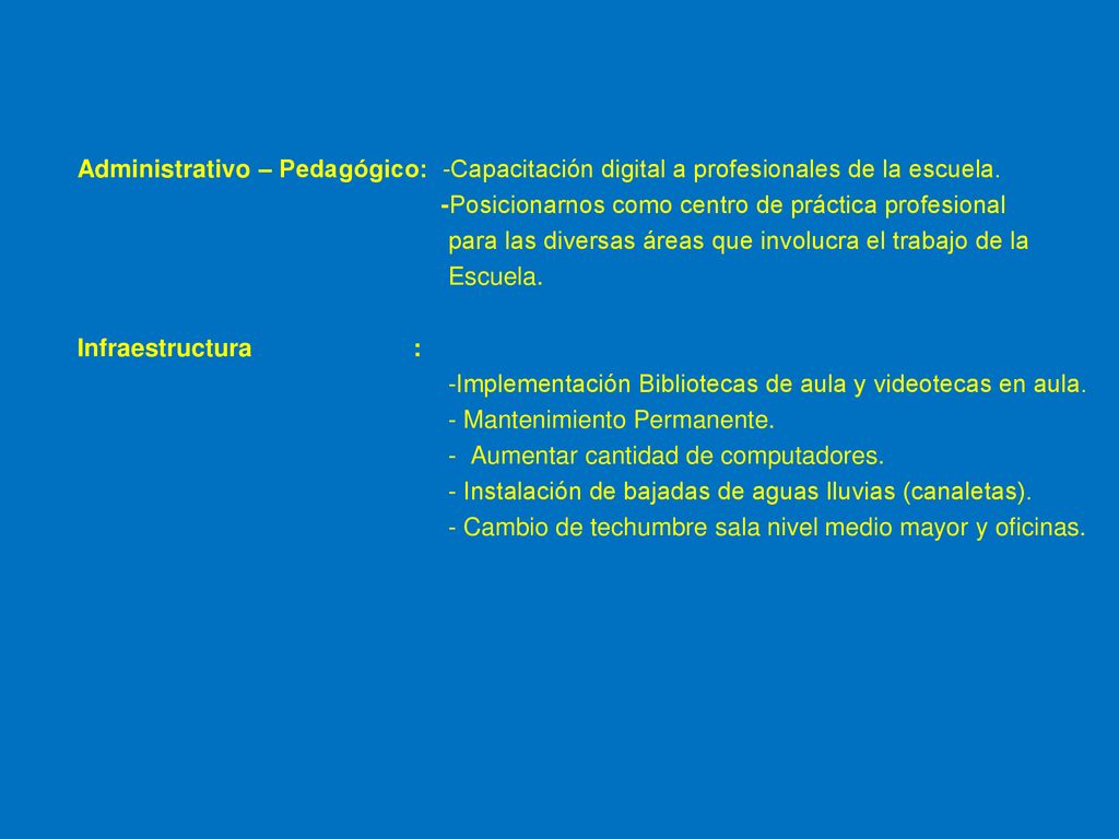 Administrativo – Pedagógico: -Capacitación digital a profesionales de la escuela.