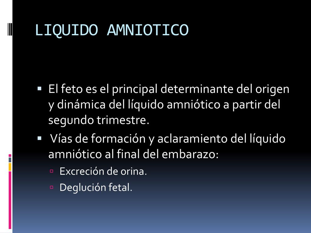 LIQUIDO AMNIOTICO El feto es el principal determinante del origen y dinámica del líquido amniótico a partir del segundo trimestre.