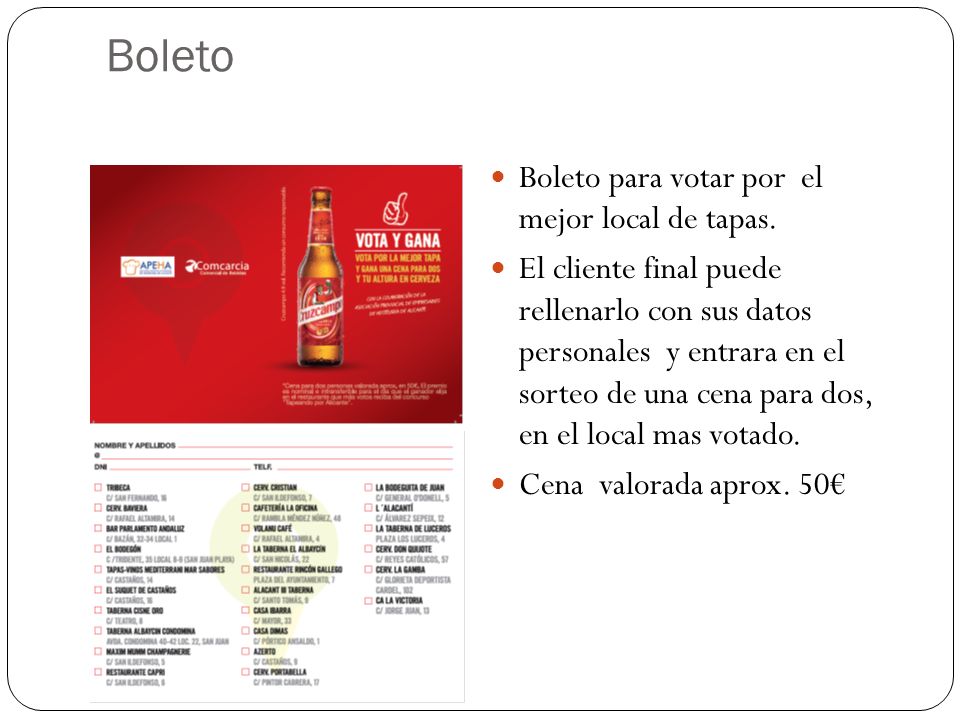 Boleto Boleto para votar por el mejor local de tapas.