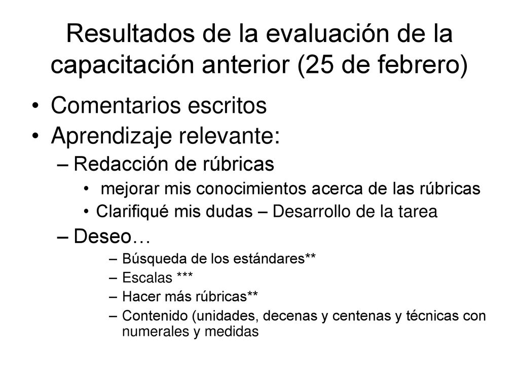 Resultados de la evaluación de la capacitación anterior (25 de febrero)