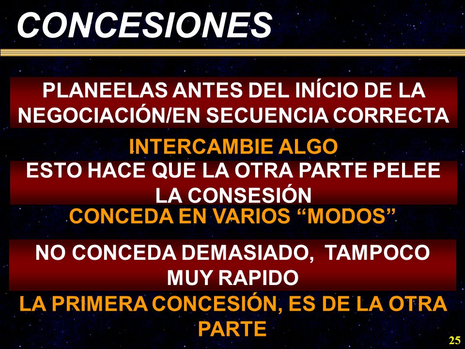 CONCESIONES PLANEELAS ANTES DEL INÍCIO DE LA NEGOCIACIÓN/EN SECUENCIA CORRECTA. INTERCAMBIE ALGO. ESTO HACE QUE LA OTRA PARTE PELEE LA CONSESIÓN.