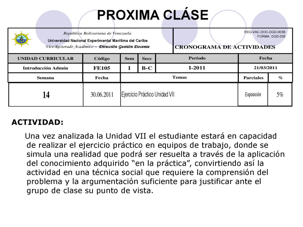 PROXIMA CLÁSE ACTIVIDAD: