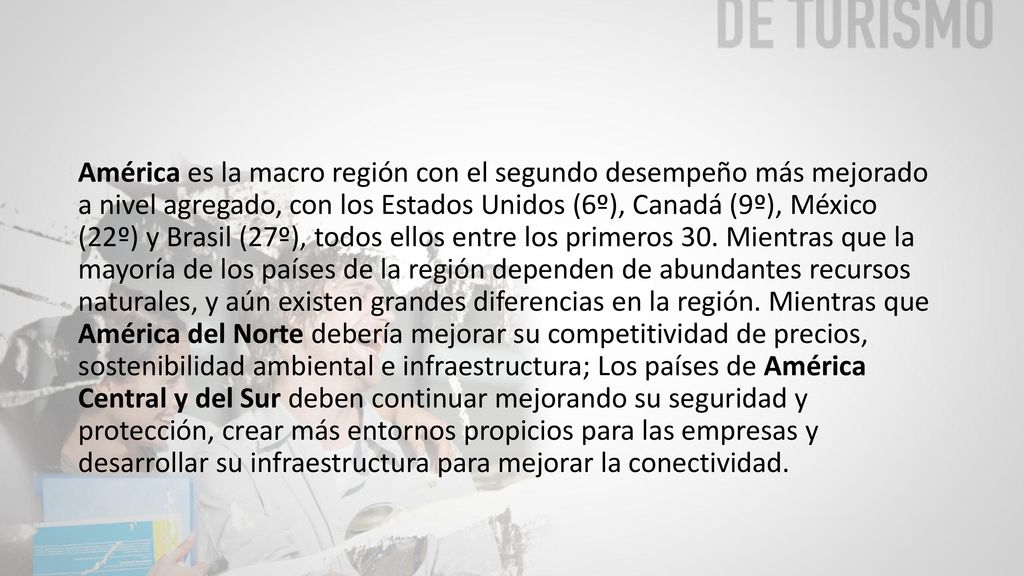 América es la macro región con el segundo desempeño más mejorado a nivel agregado, con los Estados Unidos (6º), Canadá (9º), México (22º) y Brasil (27º), todos ellos entre los primeros 30.