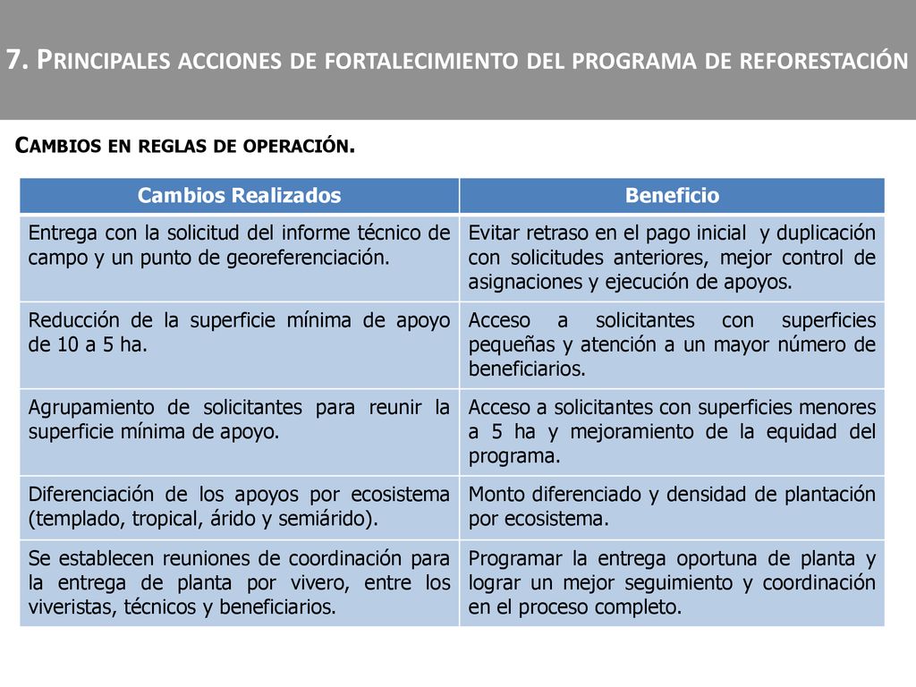 7. Principales acciones de fortalecimiento del programa de reforestación